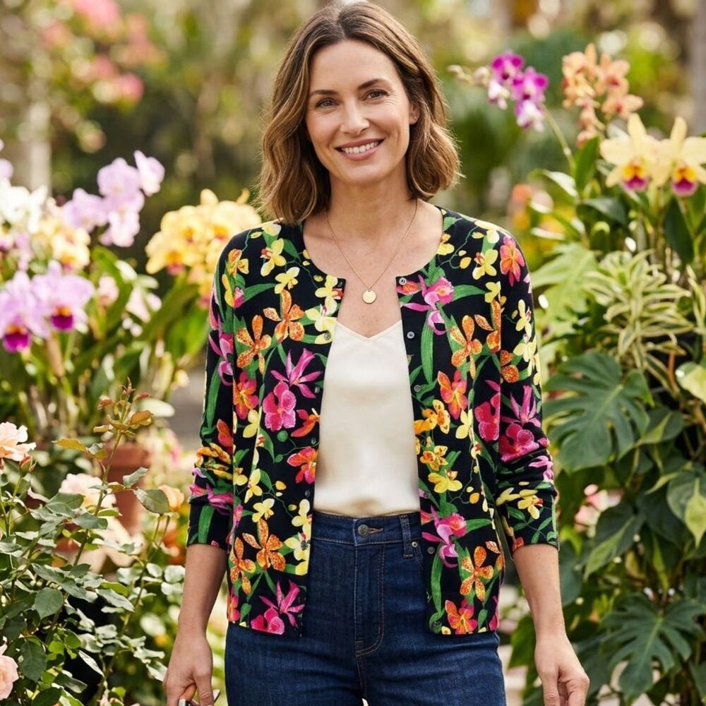 Lands End Cardigan Sweater Women XL/18 Floral Supima Cotton Button Up Tropical